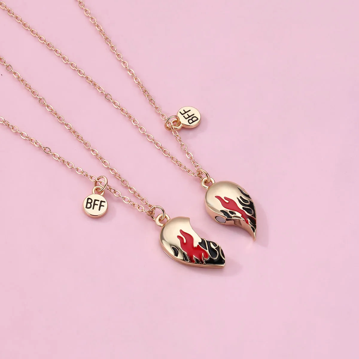 Lot de 2 Colliers D'amitié - Coeur Flammes Aimantées - BFF - Best Friends Forever - Fantaisie - Pendentif Aimanté