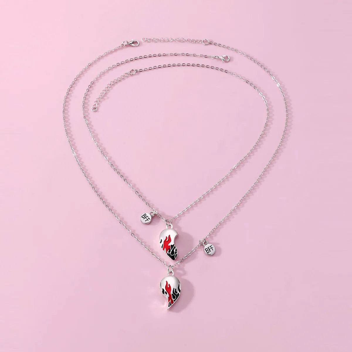Lot de 2 Colliers D'amitié - Coeur Flammes Aimantées - BFF - Best Friends Forever - Fantaisie - Pendentif Aimanté
