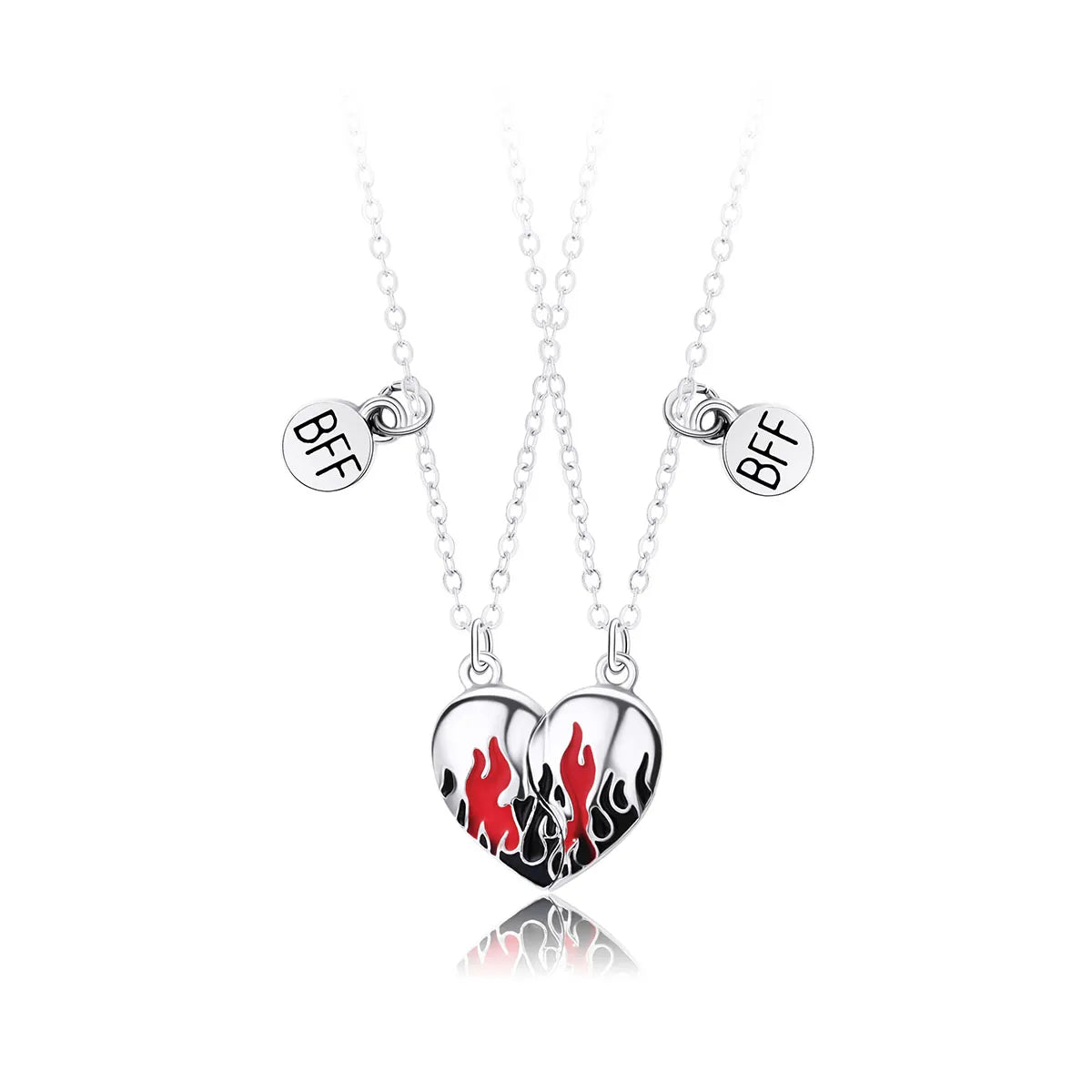 Lot de 2 Colliers D'amitié - Coeur Flammes Aimantées - BFF - Best Friends Forever - Fantaisie - Pendentif Aimanté