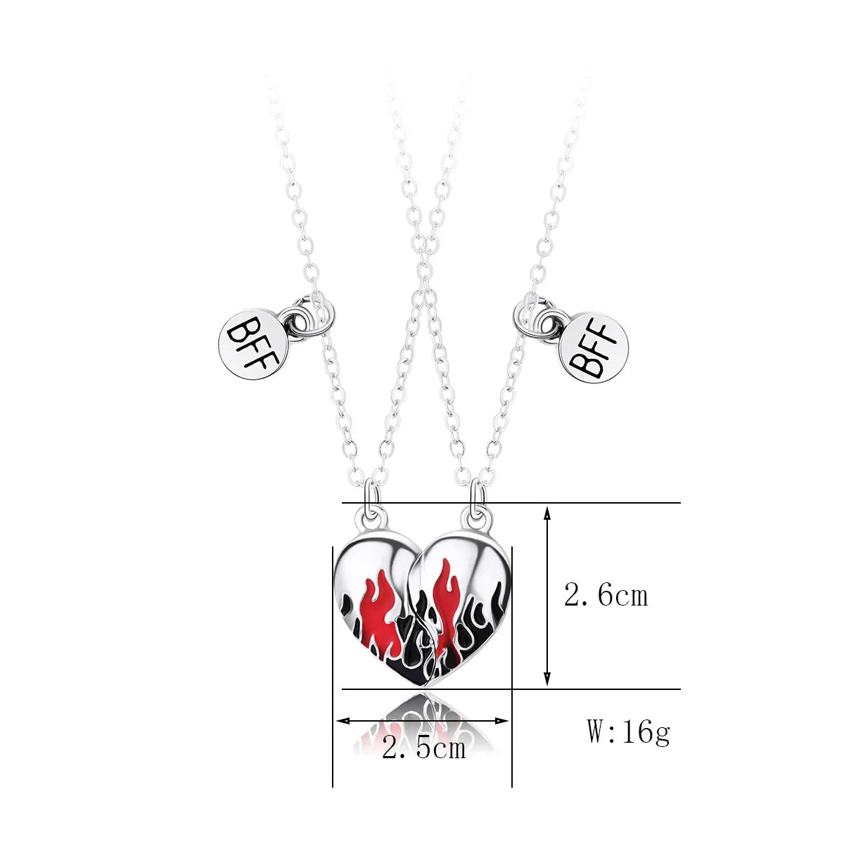 Lot de 2 Colliers D'amitié - Coeur Flammes Aimantées - BFF - Best Friends Forever - Fantaisie - Pendentif Aimanté