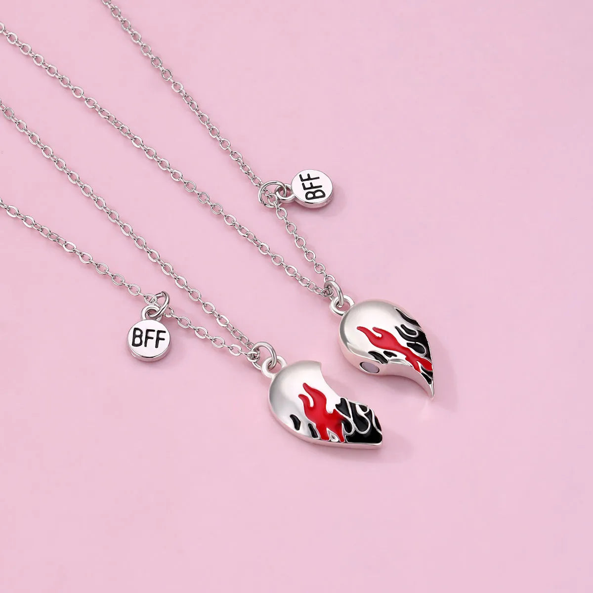Lot de 2 Colliers D'amitié - Coeur Flammes Aimantées - BFF - Best Friends Forever - Fantaisie - Pendentif Aimanté