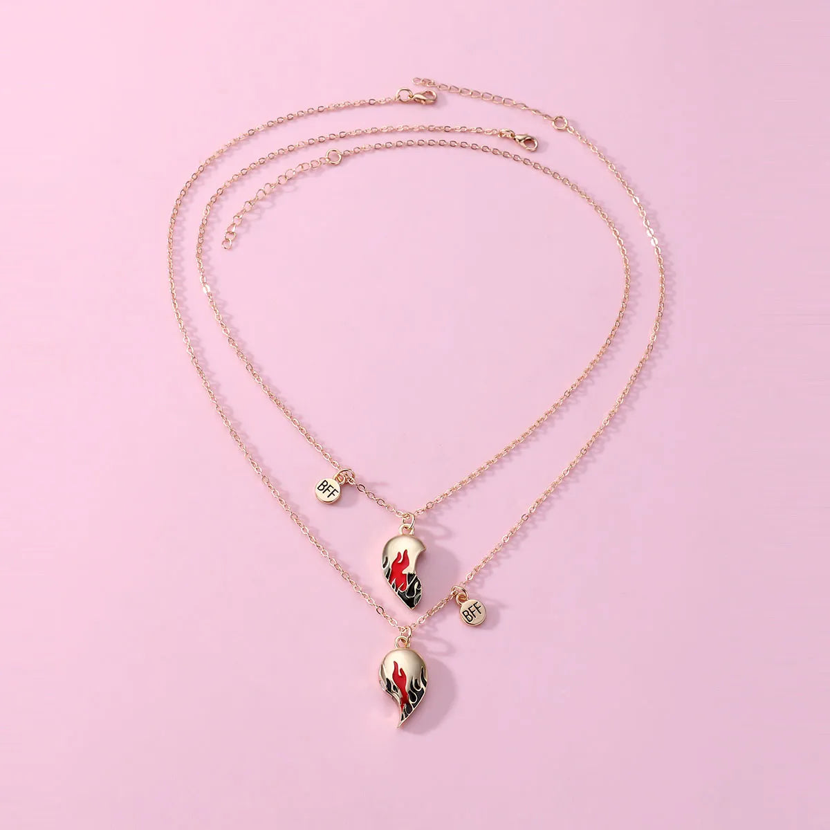 Lot de 2 Colliers D'amitié - Coeur Flammes Aimantées - BFF - Best Friends Forever - Fantaisie - Pendentif Aimanté