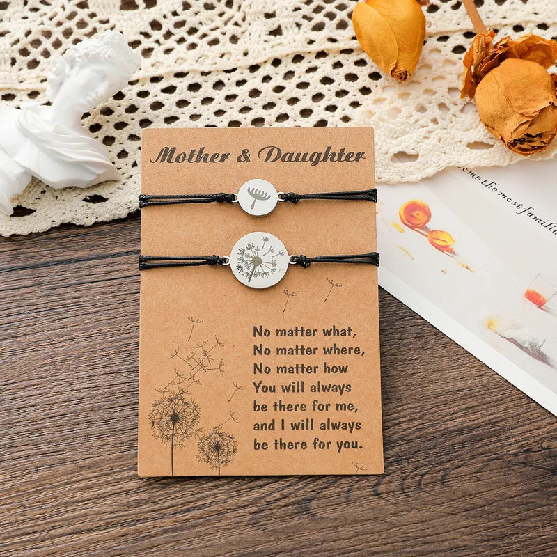 Lot de 2 Bracelets Cordon Réglable avec Carte - Mère Fille - Pissenlit - Famille Parents Enfant Maman Fille - Acier Inoxydable