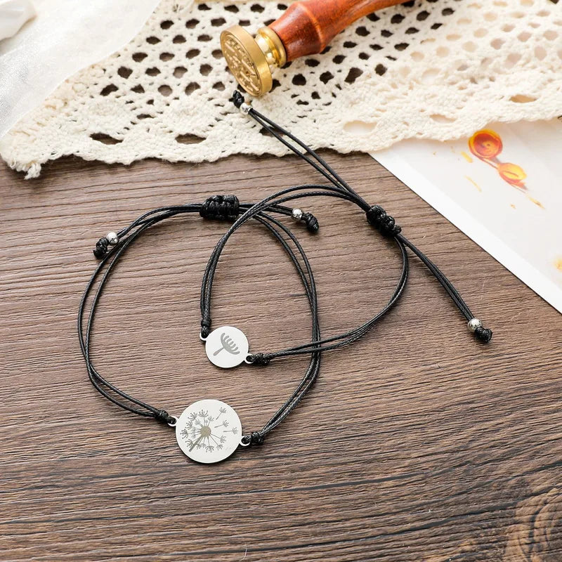 Lot de 2 Bracelets Cordon Réglable avec Carte - Mère Fille - Pissenlit - Famille Parents Enfant Maman Fille - Acier Inoxydable