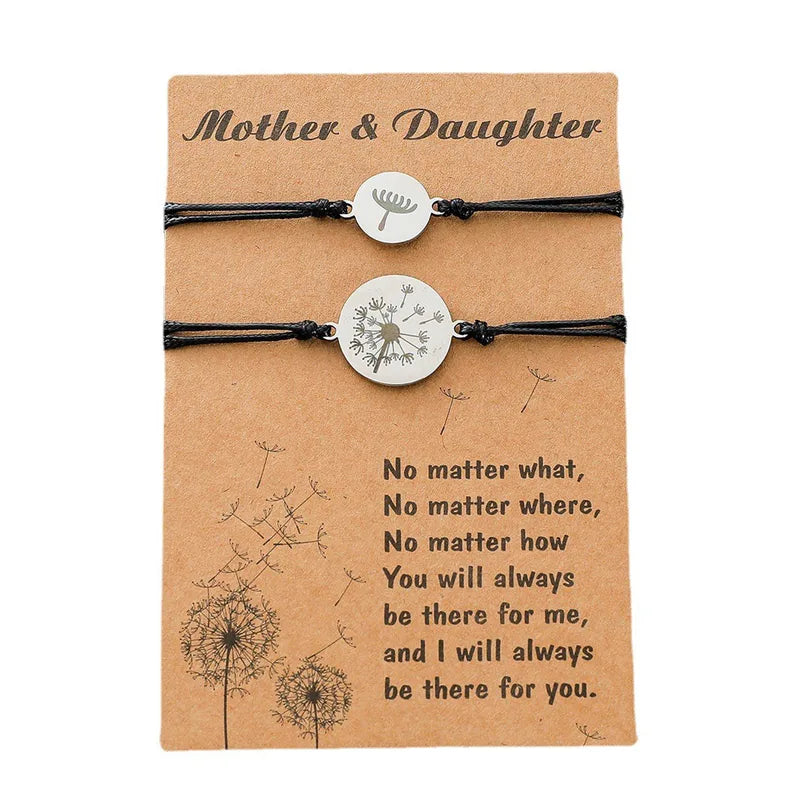 Lot de 2 Bracelets Cordon Réglable avec Carte - Mère Fille - Pissenlit - Famille Parents Enfant Maman Fille - Acier Inoxydable