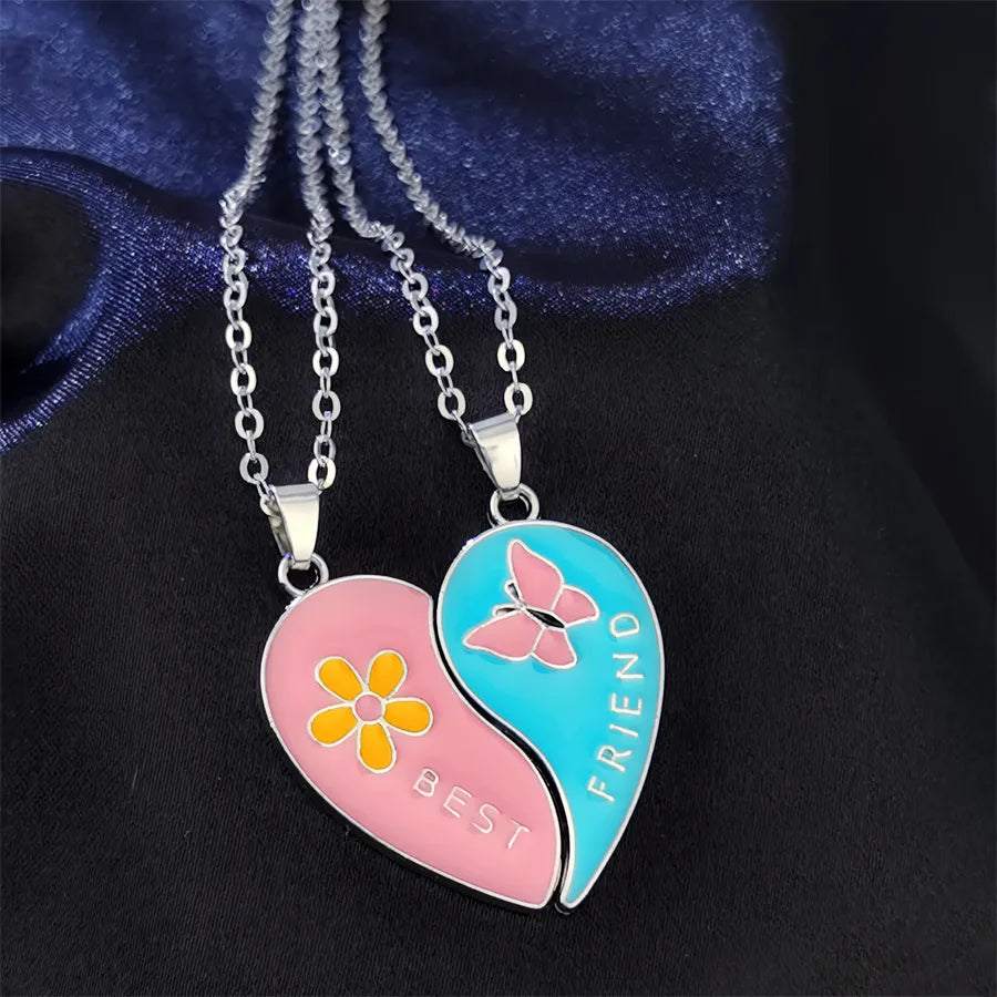 CHILDREN - Set of 2 Chains Friendship Necklaces Cat Unicorn & Heart - BFF Best Friends Forever - Fantasy - Rainbow Resin Pendant