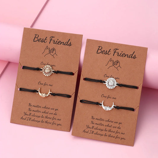 Lot de 2 Bracelets D'amitié Cordon Réglable avec Carte - Soleil Lune - BFF - Best Friends Forever - Amoureux Couple Amitié