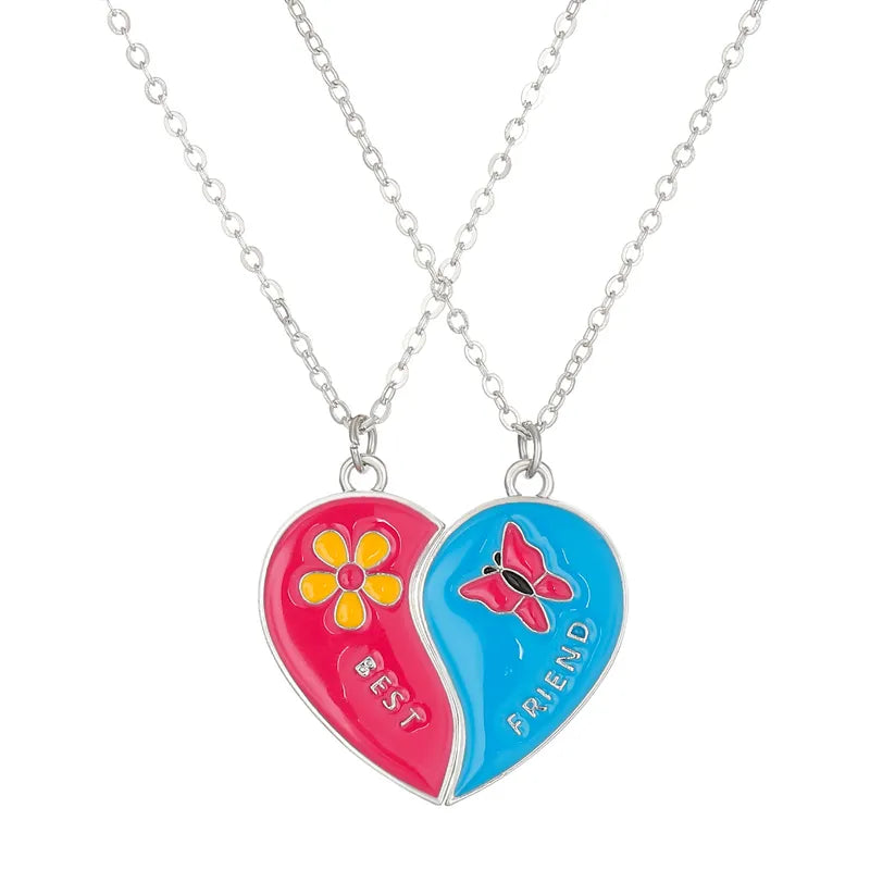 CHILDREN - Set of 2 Chains Friendship Necklaces Cat Unicorn & Heart - BFF Best Friends Forever - Fantasy - Rainbow Resin Pendant