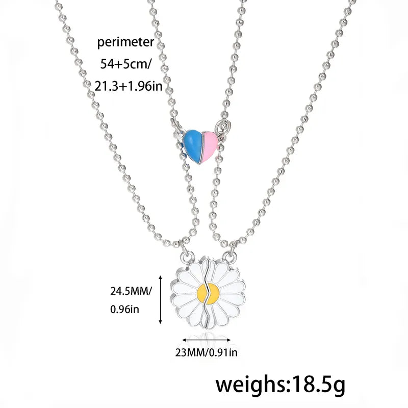 Lot de 2 Collier d'amitié Aimanté - Marguerite - Coeur Phosphorescent - BFF - Best Friends Forever - Acier Inoxydable