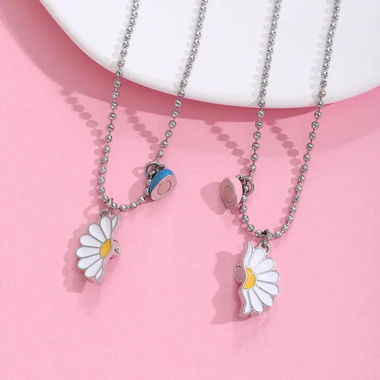 Lot de 2 Collier d'amitié Aimanté - Marguerite - Coeur Phosphorescent - BFF - Best Friends Forever - Acier Inoxydable