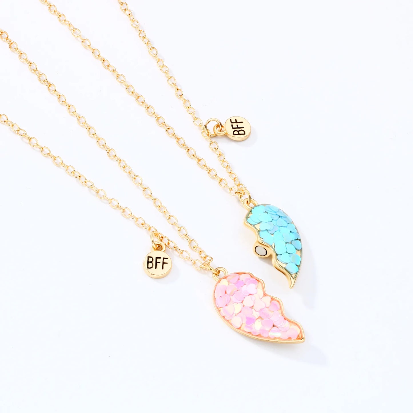 CHILDREN - Set of 2 Glitter Heart Friendship Necklace Chains - BFF Best Friends Forever - Fancy - Magnetic Pendant with Gold Chain