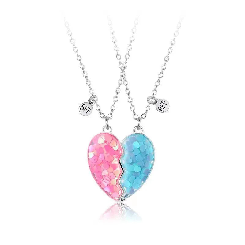 CHILDREN - Set of 2 Glitter Heart Friendship Necklace Chains - BFF Best Friends Forever - Fancy - Magnetic Pendant with Gold Chain