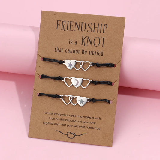 Lot de 3 Bracelets D'amitié Cordon Réglable avec Carte - Coeur Soleil Lune Etoile - BFF - Best Friends Forever