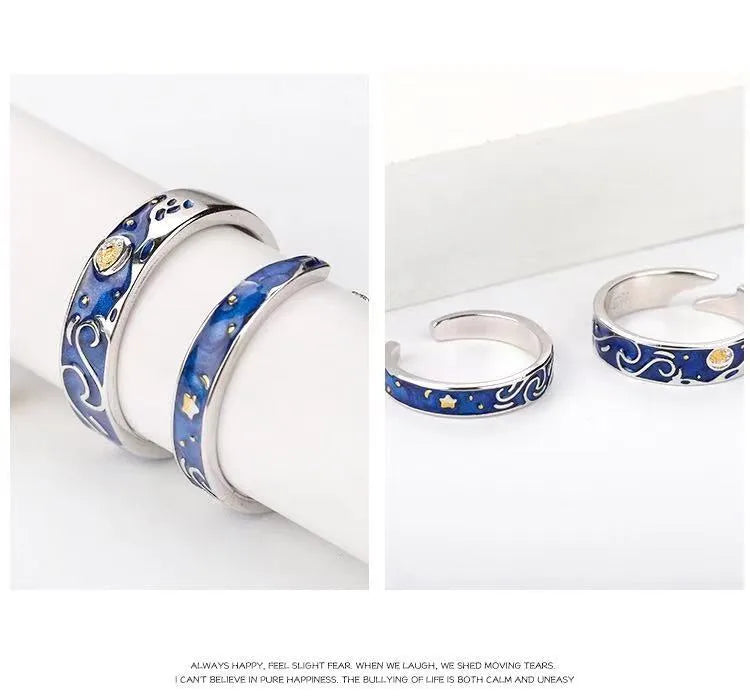 Lot de 2 Anneaux Réglable pour Adultes - Bagues - Ciel Etoilé Van Gogh - Couple Amoureux Amitié Argent Sterling 925