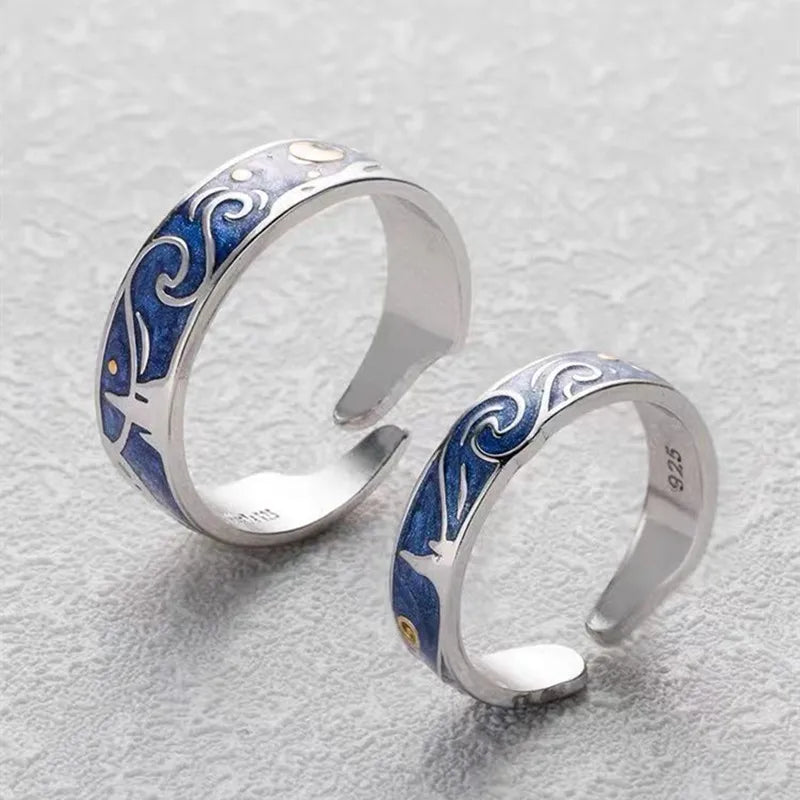 Lot de 2 Anneaux Réglable pour Adultes - Bagues - Ciel Etoilé Van Gogh - Couple Amoureux Amitié Argent Sterling 925