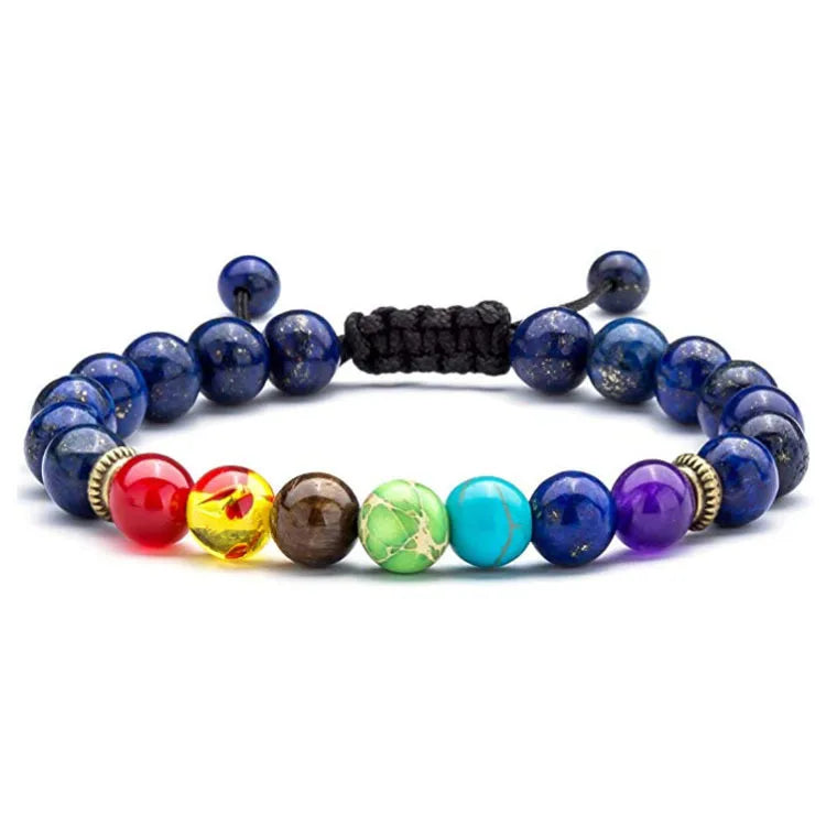 Bracelet Pierre Naturelle Cordon Réglable - 7 Chakras - Jaspe rouge Cornaline Calcite jaune Aventurine Calcite bleue Lapis-lazuli Améthyste