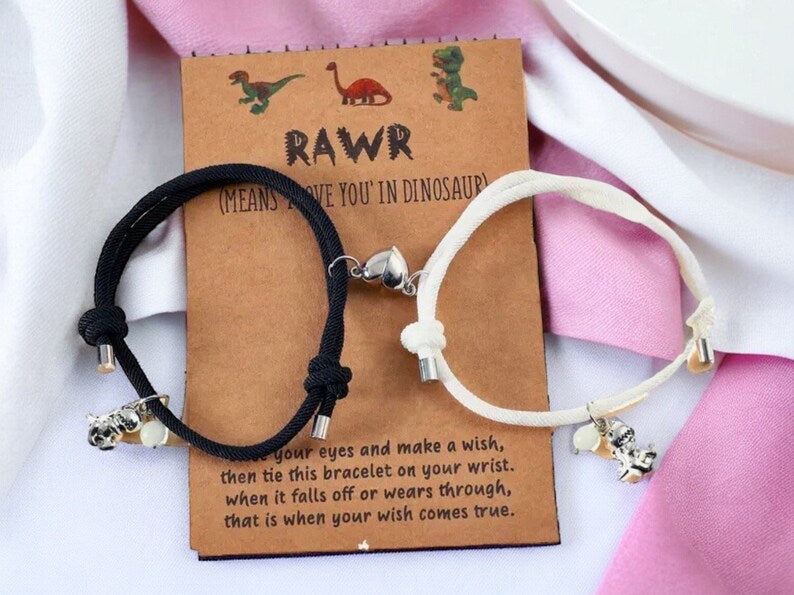 CHILD - Set of 2 Adjustable Cord Bracelets for Friendship Little Glow-in-the-Dark Dinosaur - BFF Best Friends Forever - Fantasy - Magnetic Pendant