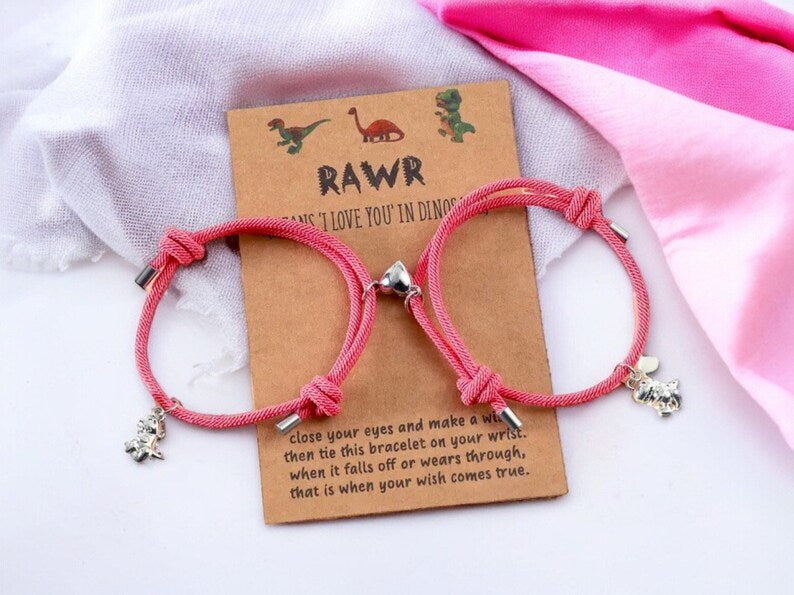 CHILD - Set of 2 Adjustable Cord Bracelets for Friendship Little Glow-in-the-Dark Dinosaur - BFF Best Friends Forever - Fantasy - Magnetic Pendant