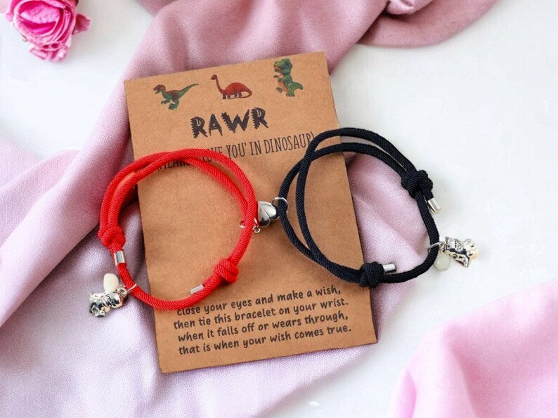 CHILD - Set of 2 Adjustable Cord Bracelets for Friendship Little Glow-in-the-Dark Dinosaur - BFF Best Friends Forever - Fantasy - Magnetic Pendant