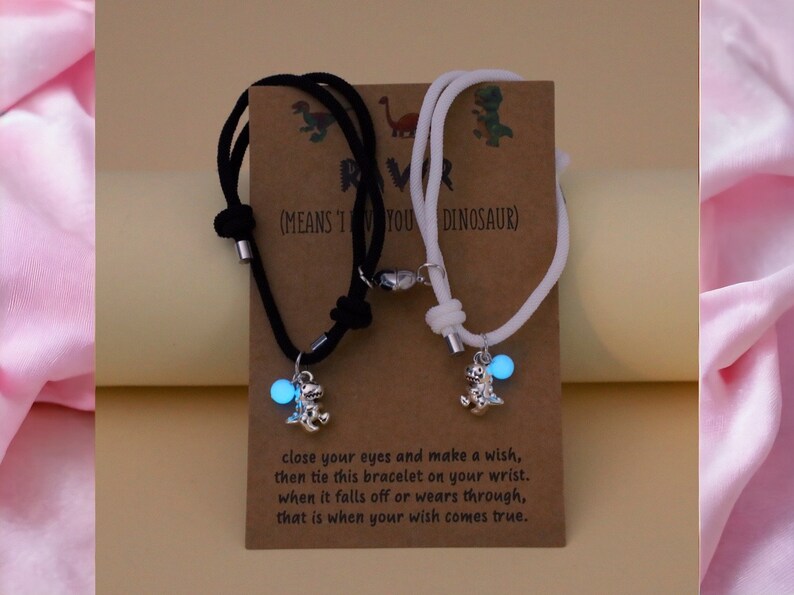 CHILD - Set of 2 Adjustable Cord Bracelets for Friendship Little Glow-in-the-Dark Dinosaur - BFF Best Friends Forever - Fantasy - Magnetic Pendant