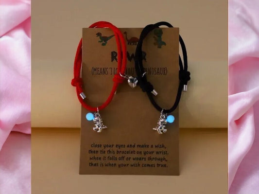 Lot de 2 Bracelets D'amitié Cordon Réglable avec Carte - Dinosaure - Perle Phosphorescent - BFF - Best Friends Forever - Amitié