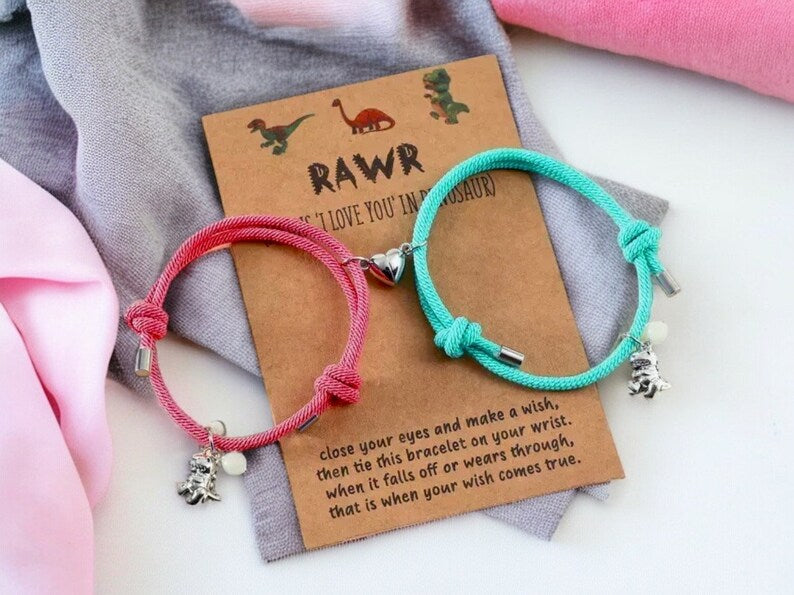 CHILD - Set of 2 Adjustable Cord Bracelets for Friendship Little Glow-in-the-Dark Dinosaur - BFF Best Friends Forever - Fantasy - Magnetic Pendant