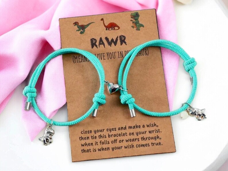CHILD - Set of 2 Adjustable Cord Bracelets for Friendship Little Glow-in-the-Dark Dinosaur - BFF Best Friends Forever - Fantasy - Magnetic Pendant