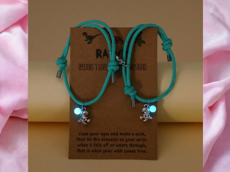 CHILD - Set of 2 Adjustable Cord Bracelets for Friendship Little Glow-in-the-Dark Dinosaur - BFF Best Friends Forever - Fantasy - Magnetic Pendant