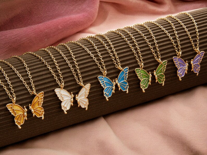 Set of 2 Butterfly Friendship Necklaces - BFF Best Friends Forever - Fantasy - Gold or Silver Pendant