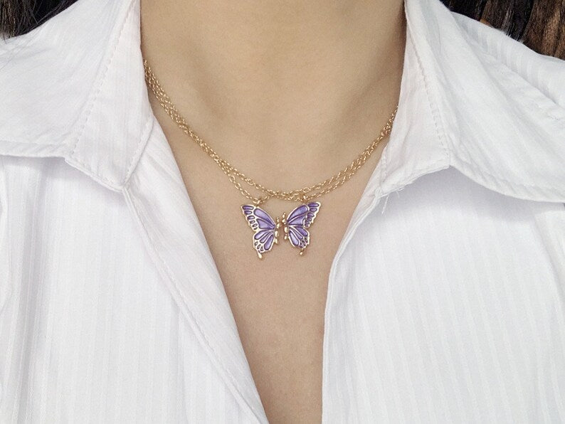 Set of 2 Butterfly Friendship Necklaces - BFF Best Friends Forever - Fantasy - Gold or Silver Pendant