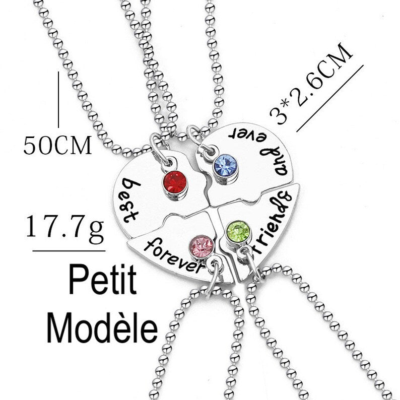Lot de 4 Colliers D'amitié - Coeur - BFF - Best Friends Forever - Fantaisie - Pendentif et Chaine Argenté - Strass - Amitié