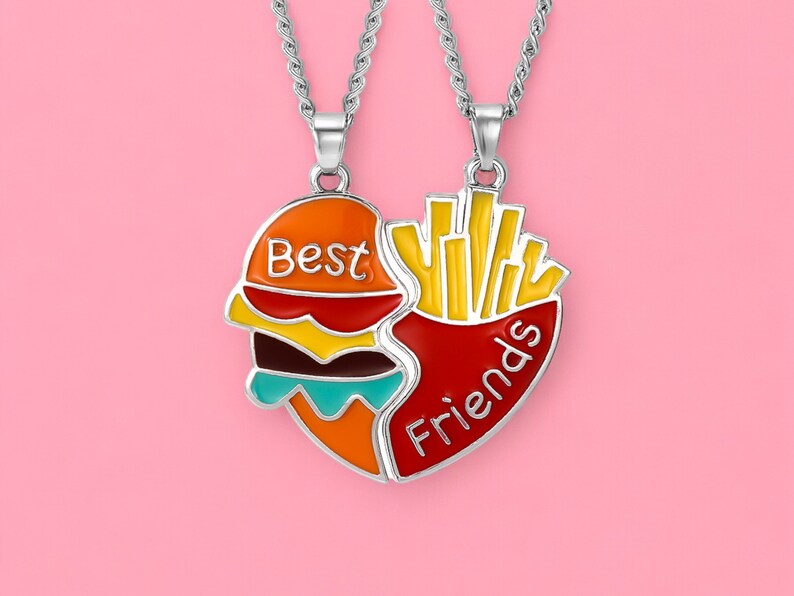 Lot de 2 Colliers D'amitié - Hamburger Frites à Partager - BFF - Best Friends Forever - Amoureux Meilleurs Amis Couple Amitié