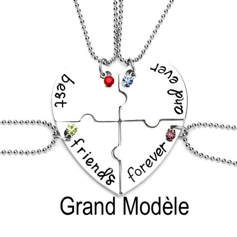 Lot de 4 Colliers D'amitié - Coeur - BFF - Best Friends Forever - Fantaisie - Pendentif et Chaine Argenté - Strass - Amitié