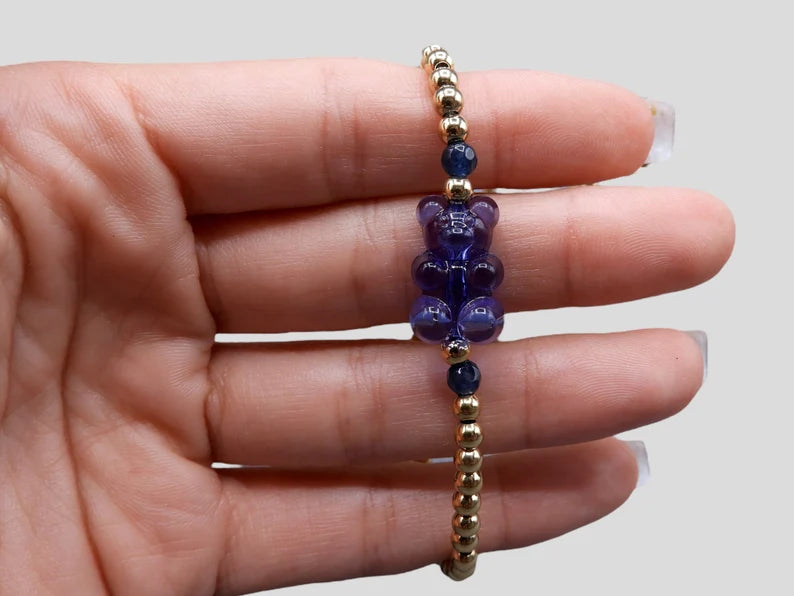 Bracelet Elastique Ourson Bonbon Translucide et Pailleté - Acier Inoxydable Doré