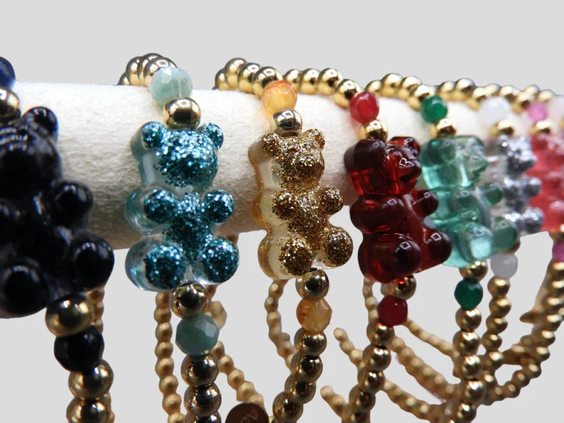 Bracelet Elastique Ourson Bonbon Translucide et Pailleté - Acier Inoxydable Doré