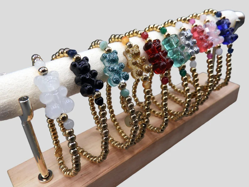 Bracelet Elastique Ourson Bonbon Translucide et Pailleté - Acier Inoxydable Doré