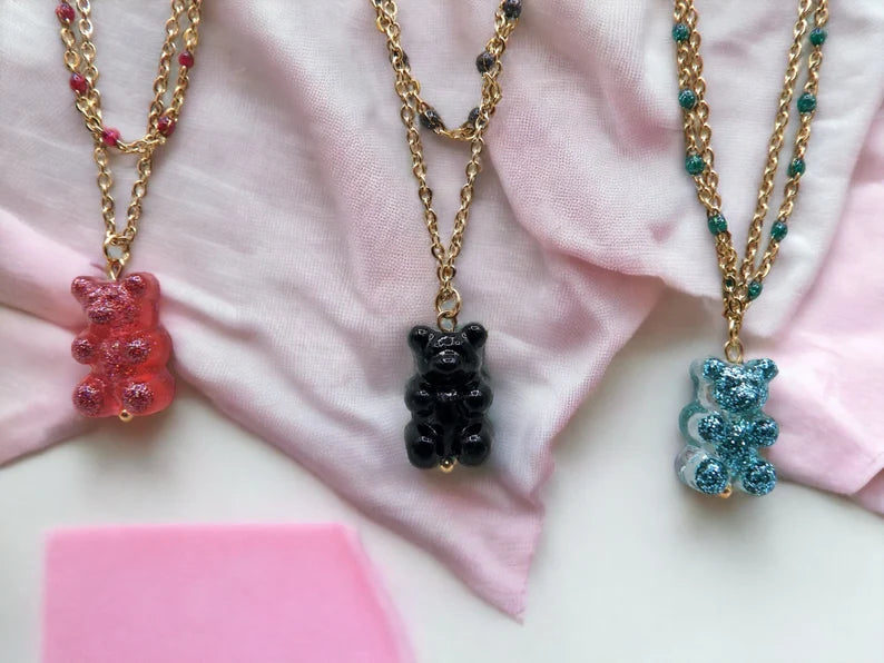 Collier Double Ourson Bonbon Translucide - Acier Inoxydable Doré