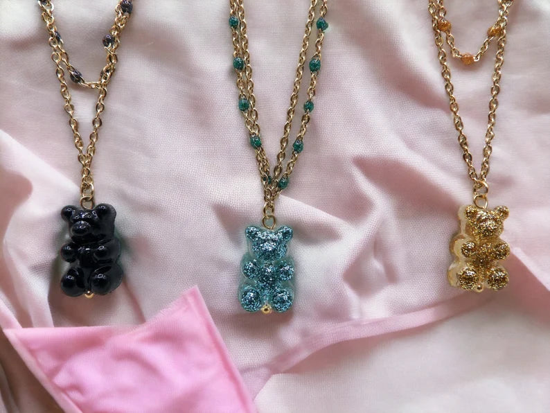 Collier Double Ourson Bonbon Translucide - Acier Inoxydable Doré