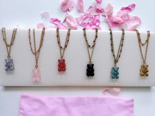 Collier Double Ourson Bonbon Translucide - Acier Inoxydable Doré