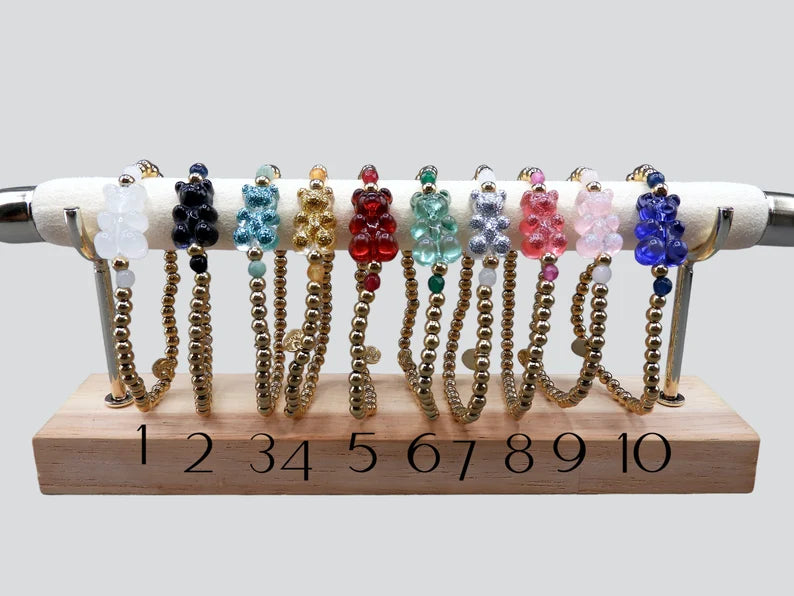 Bracelet Elastique Ourson Bonbon Translucide et Pailleté - Acier Inoxydable Doré