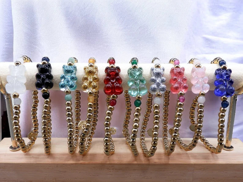 Bracelet Elastique Ourson Bonbon Translucide et Pailleté - Acier Inoxydable Doré