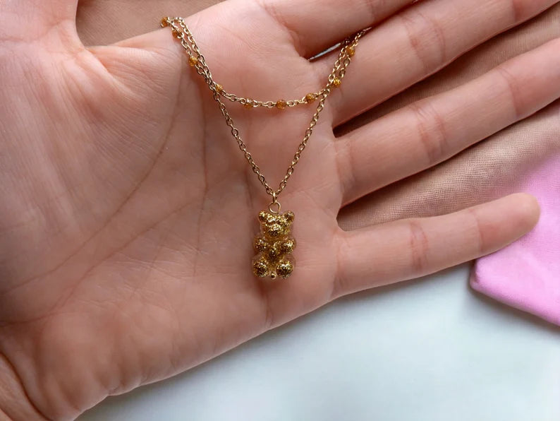 Collier Double Ourson Bonbon Translucide - Acier Inoxydable Doré