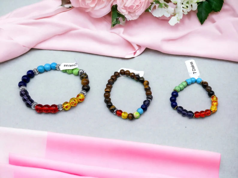Bracelet Pierre Naturelle - 7 Chakras - Jaspe rouge Cornaline Calcite jaune Aventurine Calcite bleue Lapis-lazuli Améthyste - Equilibre