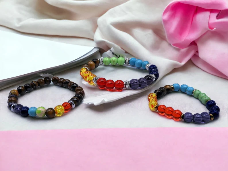 Bracelet Pierre Naturelle - 7 Chakras - Jaspe rouge Cornaline Calcite jaune Aventurine Calcite bleue Lapis-lazuli Améthyste - Equilibre