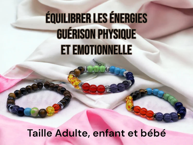 Bracelet Pierre Naturelle - 7 Chakras - Jaspe rouge Cornaline Calcite jaune Aventurine Calcite bleue Lapis-lazuli Améthyste - Equilibre
