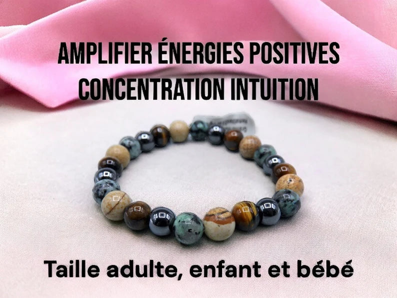 Bracelet Pierre Naturelle - Granite Multicouleur Hématite Oeil tigre - Amplifier Energies Positives Concentration Intuition