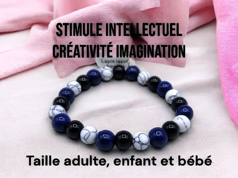 Bracelet Pierre Naturelle - Lapis Lazuli Howlite - Stimule Intellectuel Créativité Imagination
