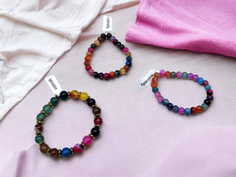 Bracelet Pierre Naturelle - Agate Multicouleur - Stress Anxiété Confiance en Soi
