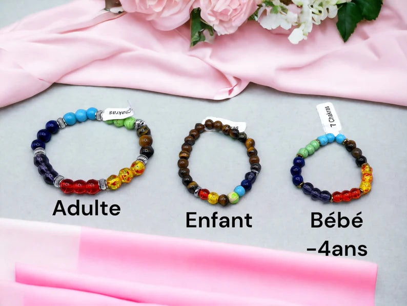 Bracelet Pierre Naturelle - 7 Chakras - Jaspe rouge Cornaline Calcite jaune Aventurine Calcite bleue Lapis-lazuli Améthyste - Equilibre
