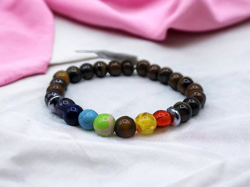 Bracelet Pierre Naturelle - 7 Chakras - Jaspe rouge Cornaline Calcite jaune Aventurine Calcite bleue Lapis-lazuli Améthyste - Equilibre